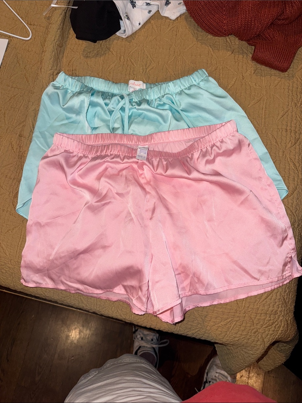 Colsie Satin Lounge Shorts in Pink and Light Blue
